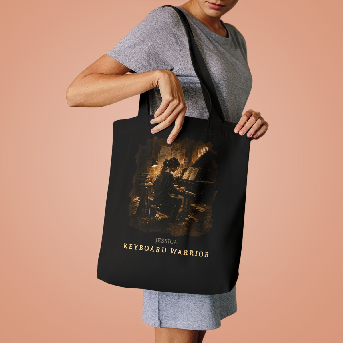 Keyboard Warrior Cotton Tote — Vintage Gamer Piano Illustration Tote Bag