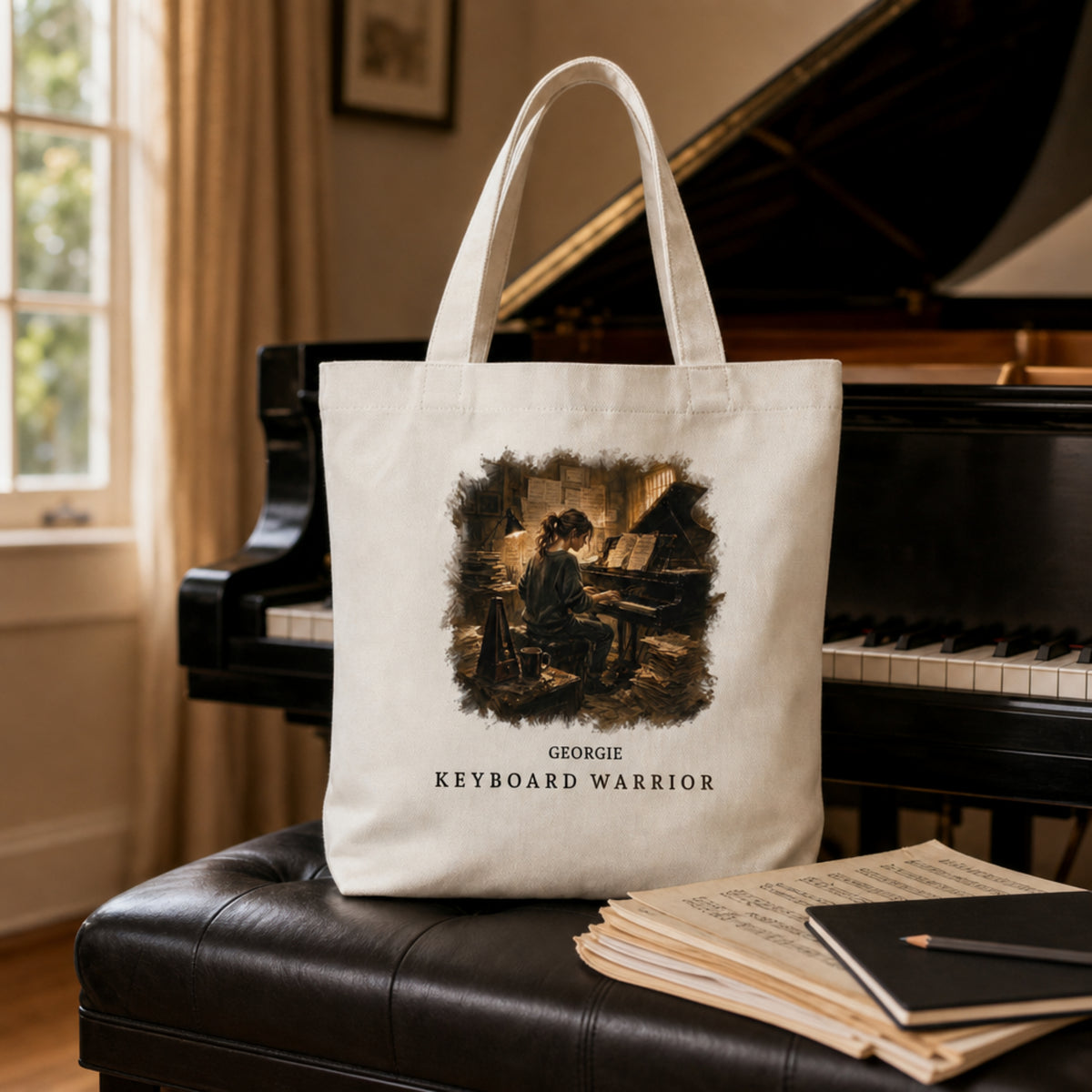 Personalised Keyboard Warrior Piano Student Tote Bag – Female Pianist