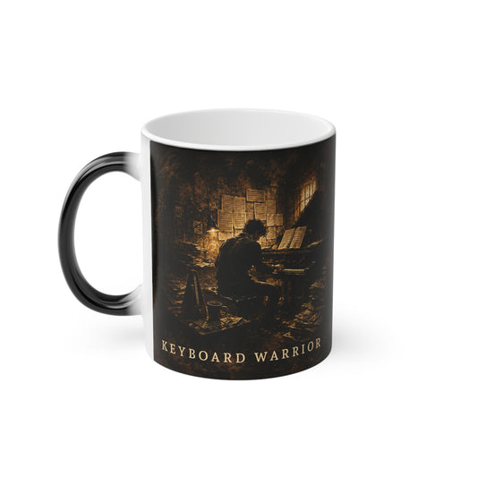 Left-side view of the Keyboard Warrior heat-reactive piano mug with original pianist artwork.