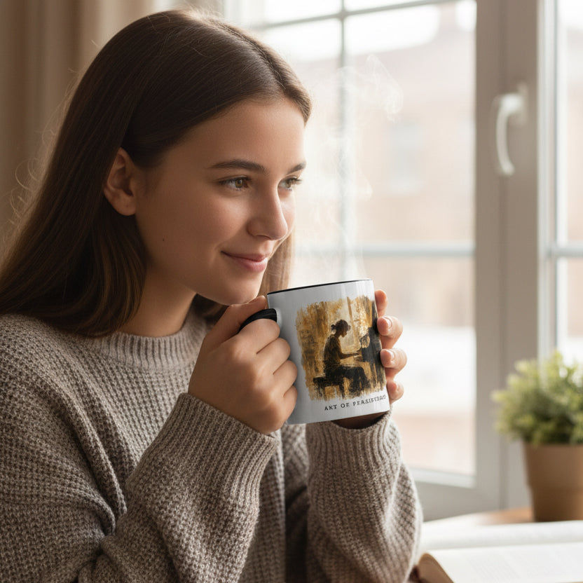 Person holding the Art of Becoming piano mug in a warm, relaxed home setting.