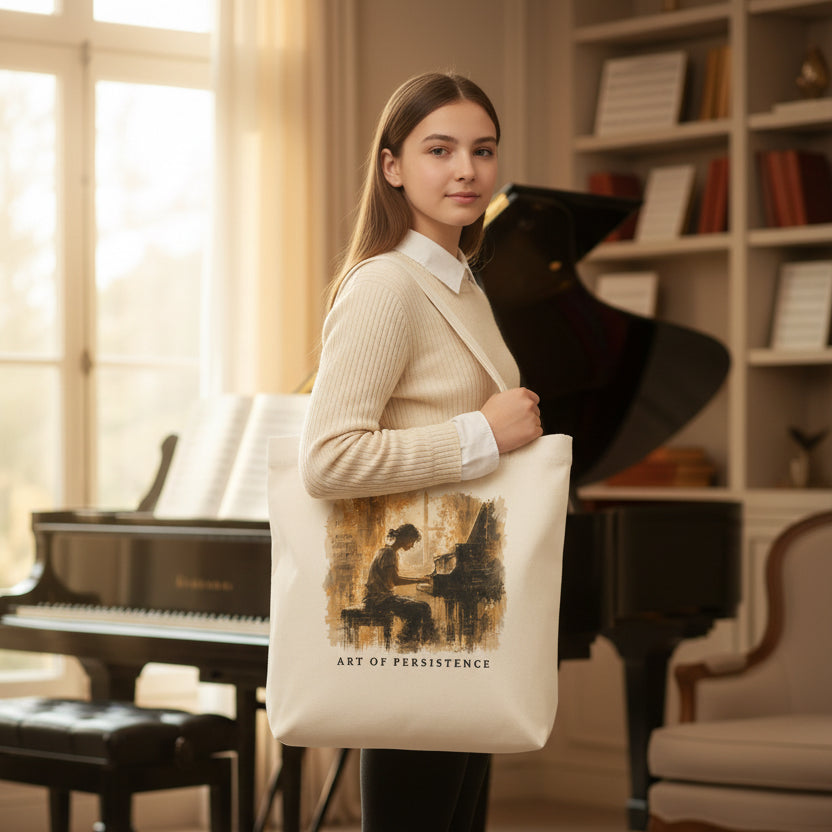 Young piano student wearing the Art of Becoming cream canvas tote bag beside a grand piano.