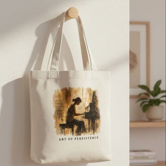 Cream canvas piano tote bag hanging on a wooden wall hook in warm afternoon light, featuring the Art of Becoming artwork.