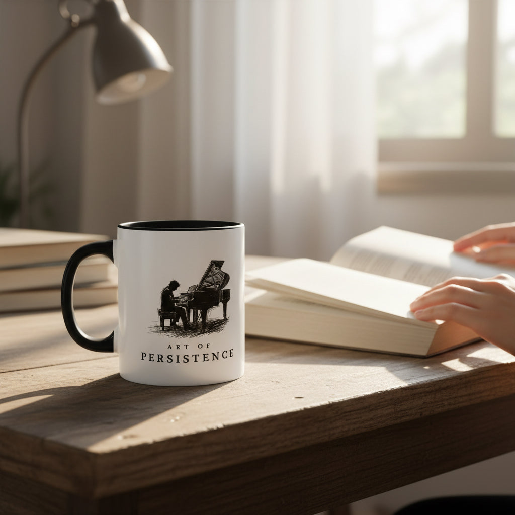 The Aspiring Pianist piano mug beside an open book in a warm reading space.