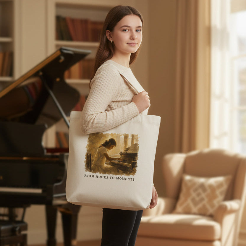 Young piano student wearing the From Hours To Moments cream canvas tote bag beside a grand piano.