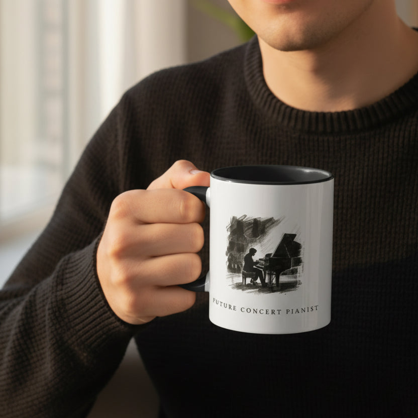 Person holding the Future Concert Pianist piano mug in natural light, showing the artwork clearly while enjoying a warm drink.