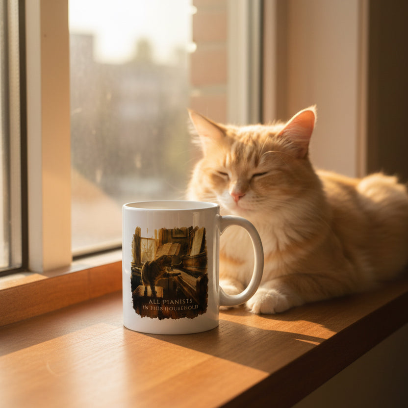 White piano mug featuring the All Pianists In This Household design beside a relaxed cat on a sunny windowsill.
