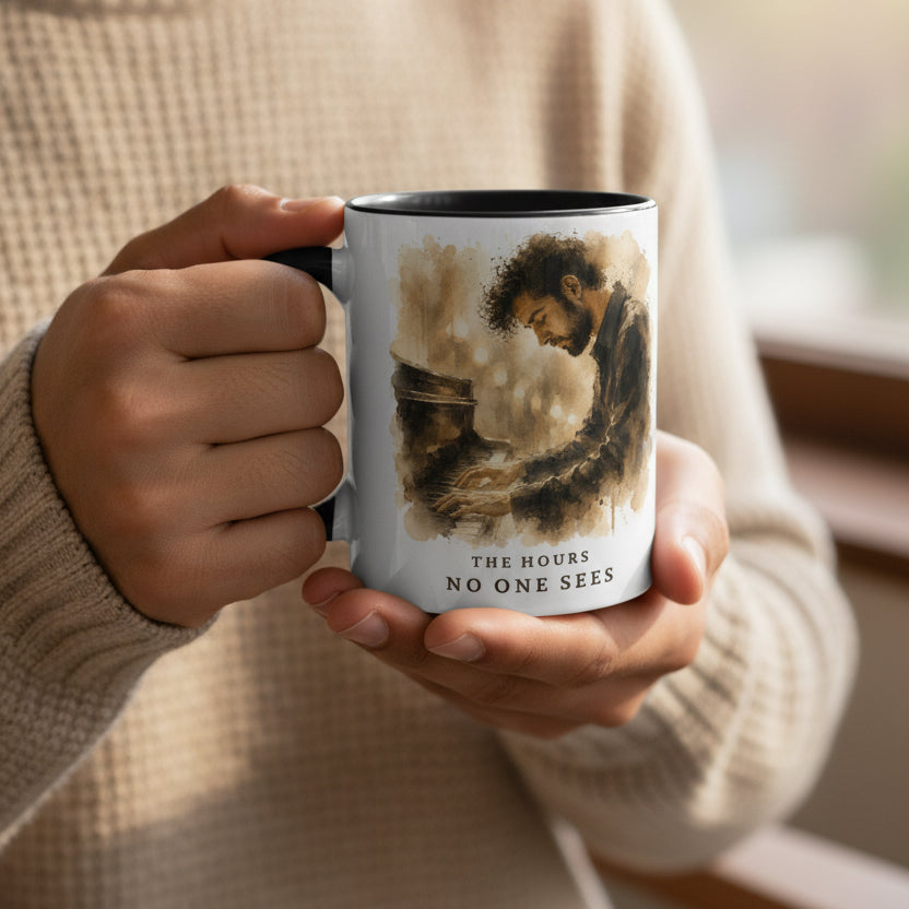 Person holding the The Hours No One Sees piano mug in natural light, displaying the artwork while enjoying a warm drink.
