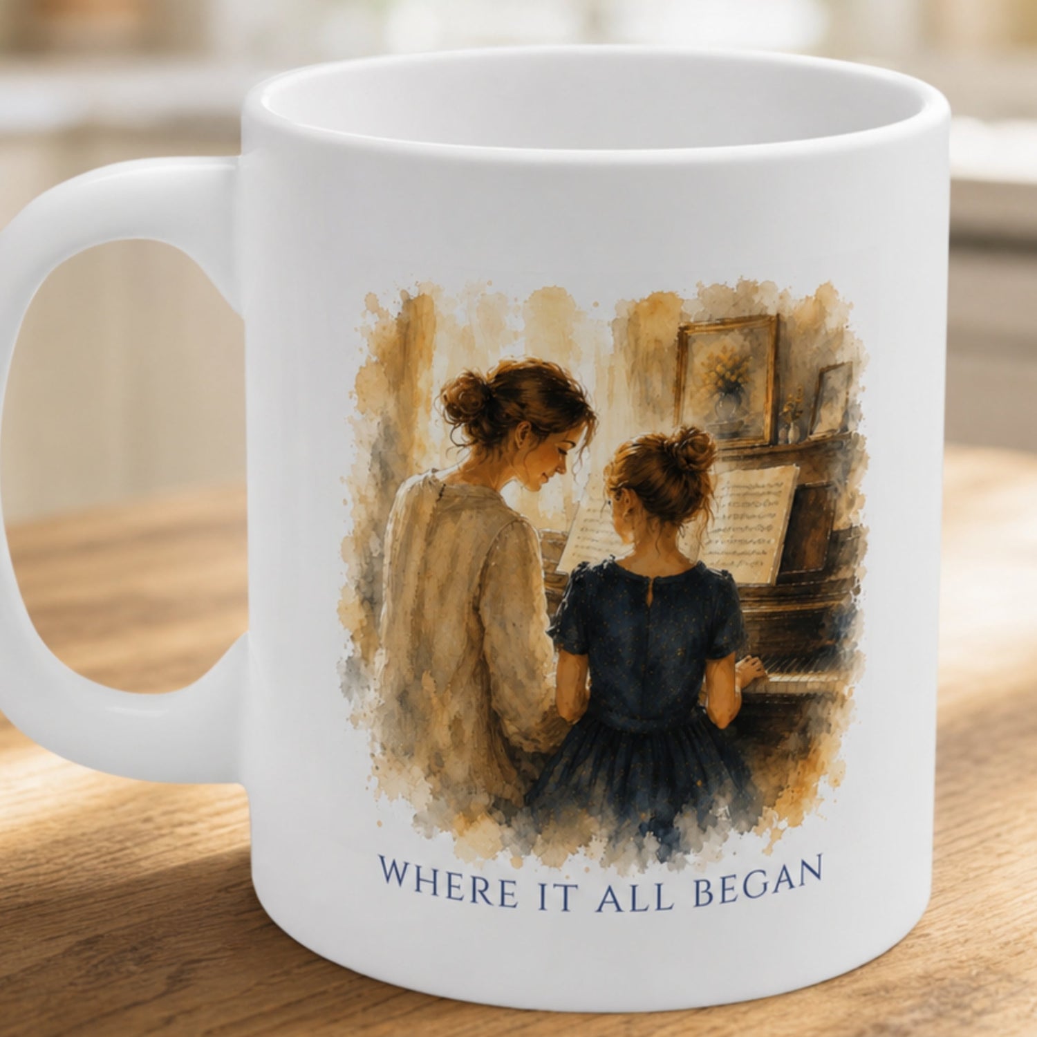 Close-up of the Where It All Began piano teacher appreciation mug featuring warm painterly artwork of a teacher and student sharing a piano lesson.