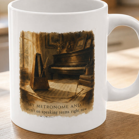 Close-up of the A Question of Time funny piano mug featuring vintage-inspired artwork of a metronome beside a piano on a white ceramic mug.