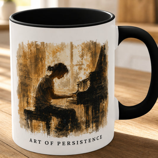 Close-up of the Art of Becoming piano mug featuring expressive painterly artwork of a pianist practising at the piano with a black handle and interior.

