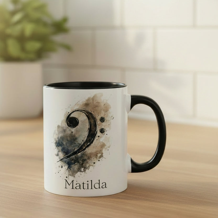 Personalised Bass Lines piano mug with black handle featuring painterly bass clef artwork and custom name