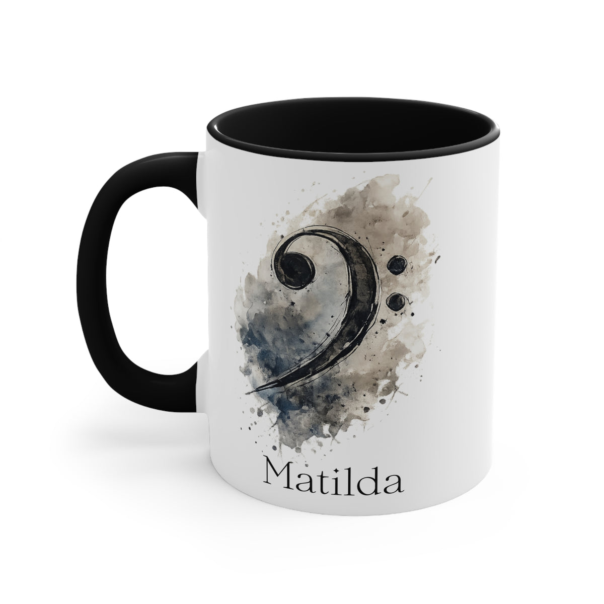 Left side view of the personalised Bass Lines piano mug with black handle featuring painterly bass clef artwork and custom name