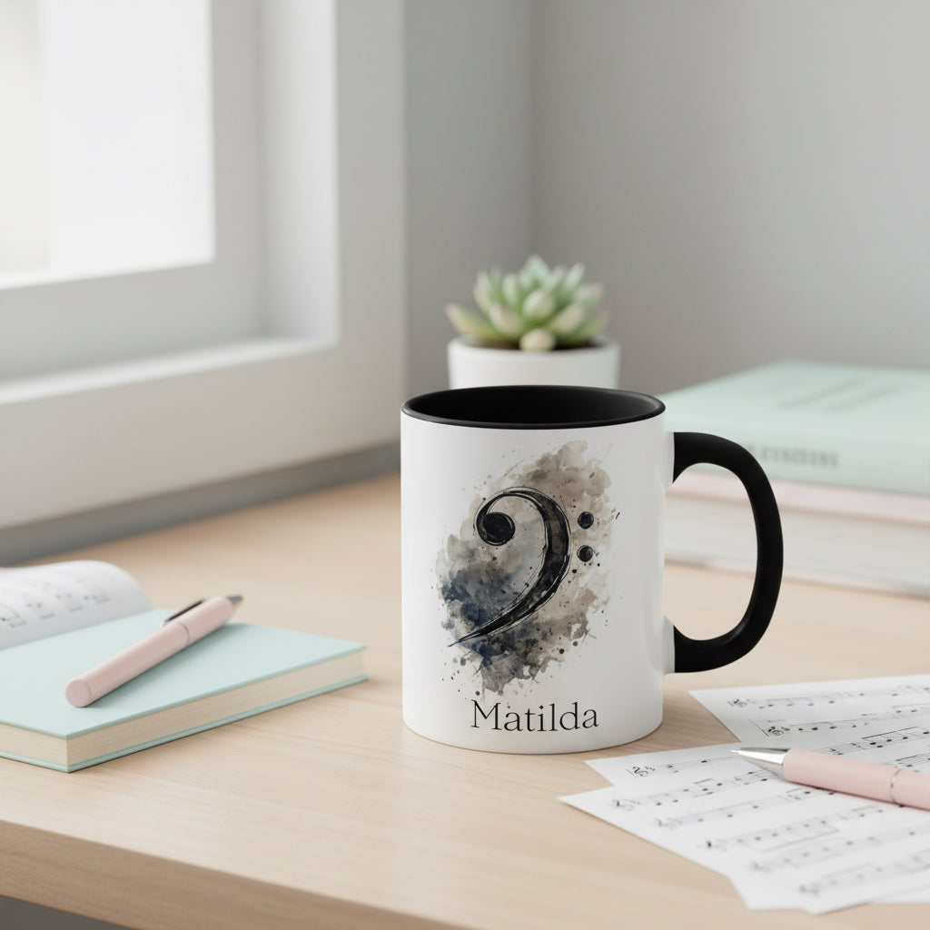 Personalised Bass Lines piano mug with black handle displayed on a desk beside a notebook