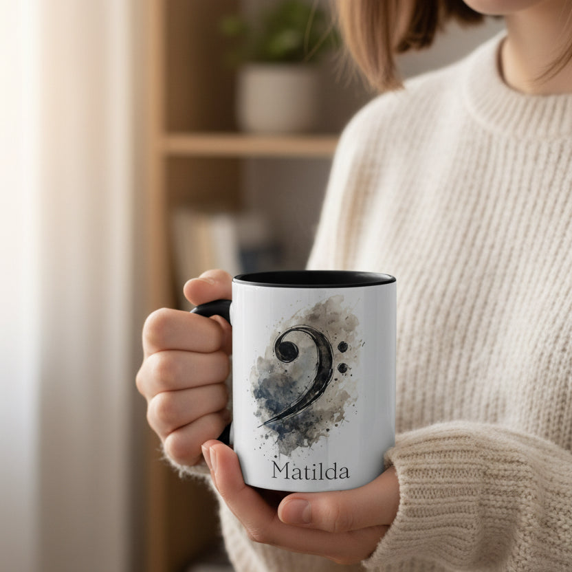 Person holding the personalised Bass Lines piano mug with black handle featuring painterly bass clef artwork and custom name