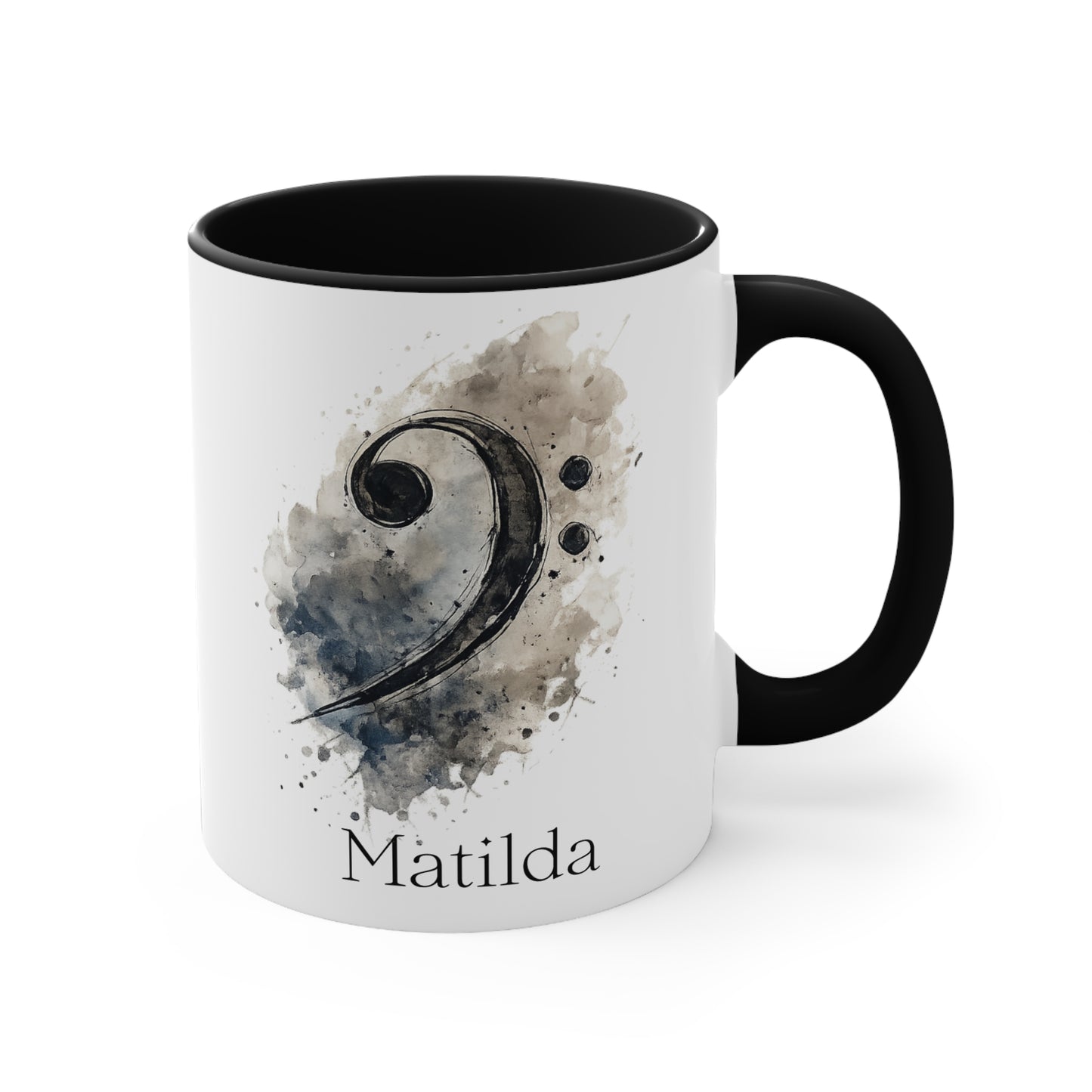 Right side view of the personalised Bass Lines piano mug with black handle featuring painterly bass clef artwork and custom name