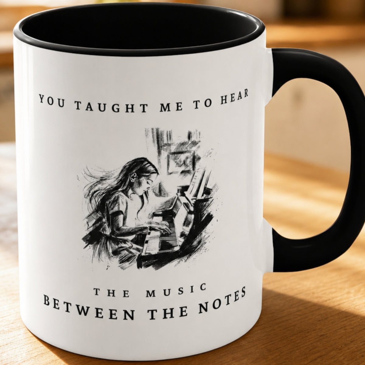 Close-up of the Between the Notes I piano teacher appreciation mug featuring expressive monochrome artwork of a teacher and student at the piano with a black handle and interior.