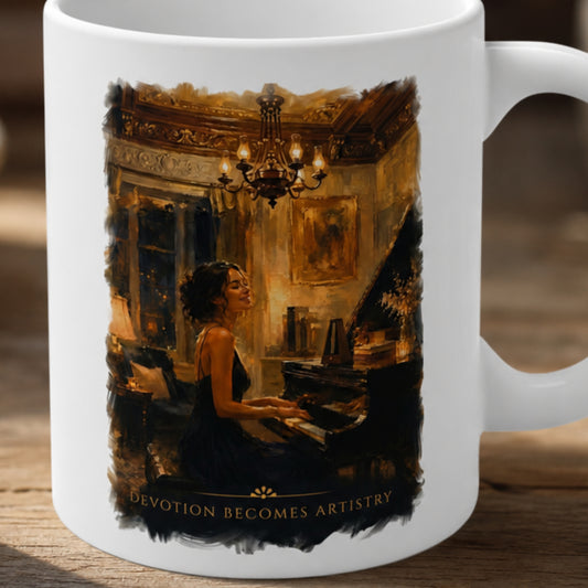 Close-up of the Devotion Becomes Artistry white ceramic piano mug featuring painterly artwork of a pianist at a grand piano.