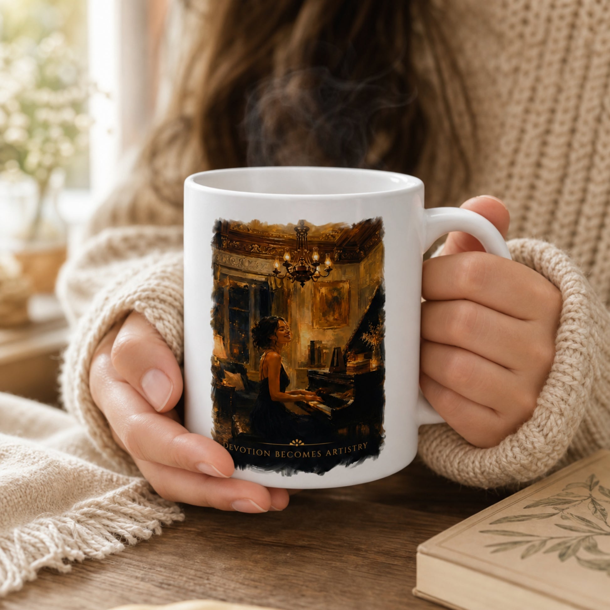 Hands holding the Devotion Becomes Artistry piano mug, showcasing the artwork as a thoughtful gift for pianists and music lovers.
