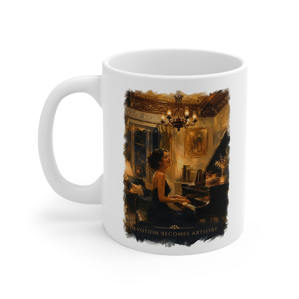 Left-side view of the Devotion Becomes Artistry white ceramic piano mug with original pianist artwork.