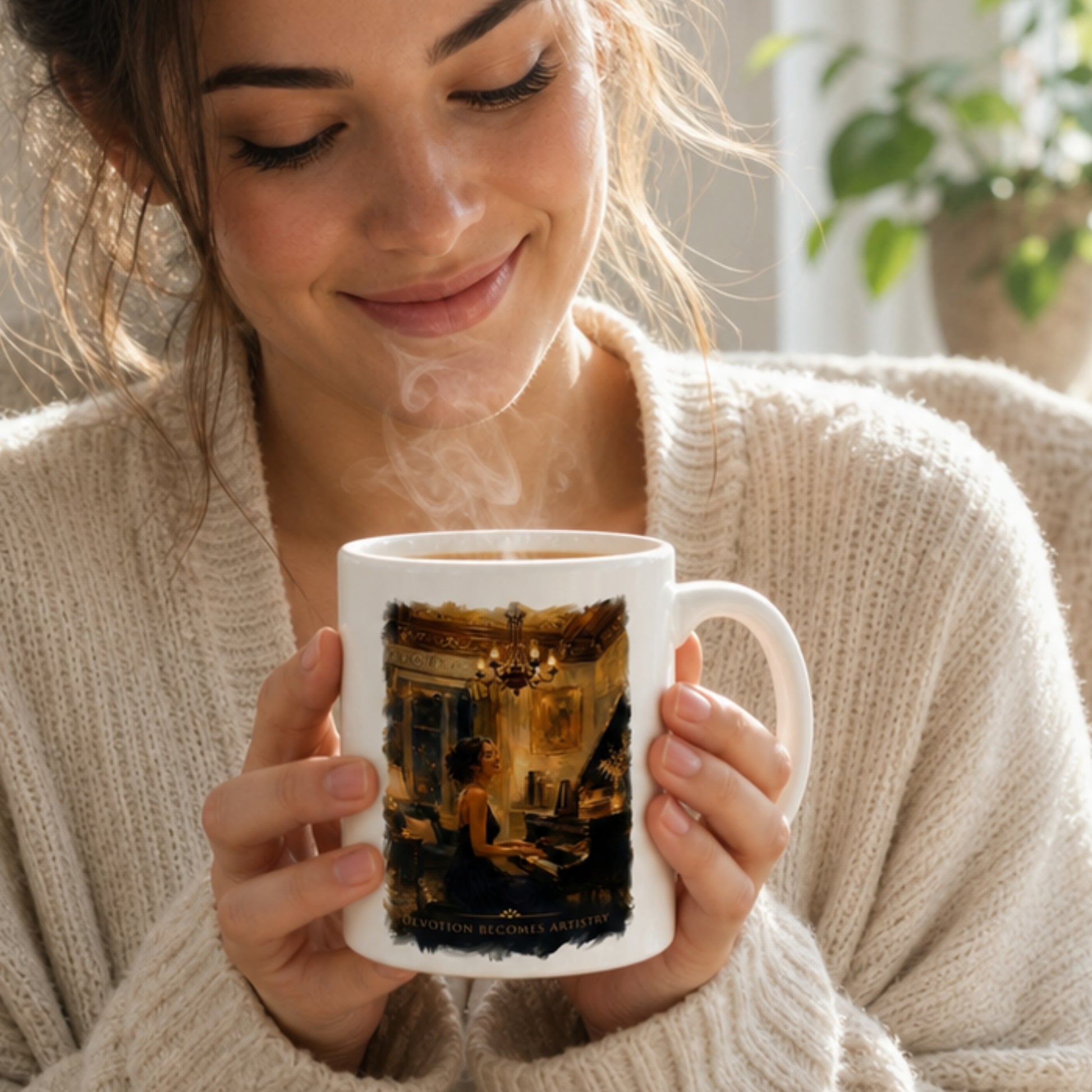 Woman enjoying a hot drink while holding the Devotion Becomes Artistry piano mug in a cosy indoor setting.
