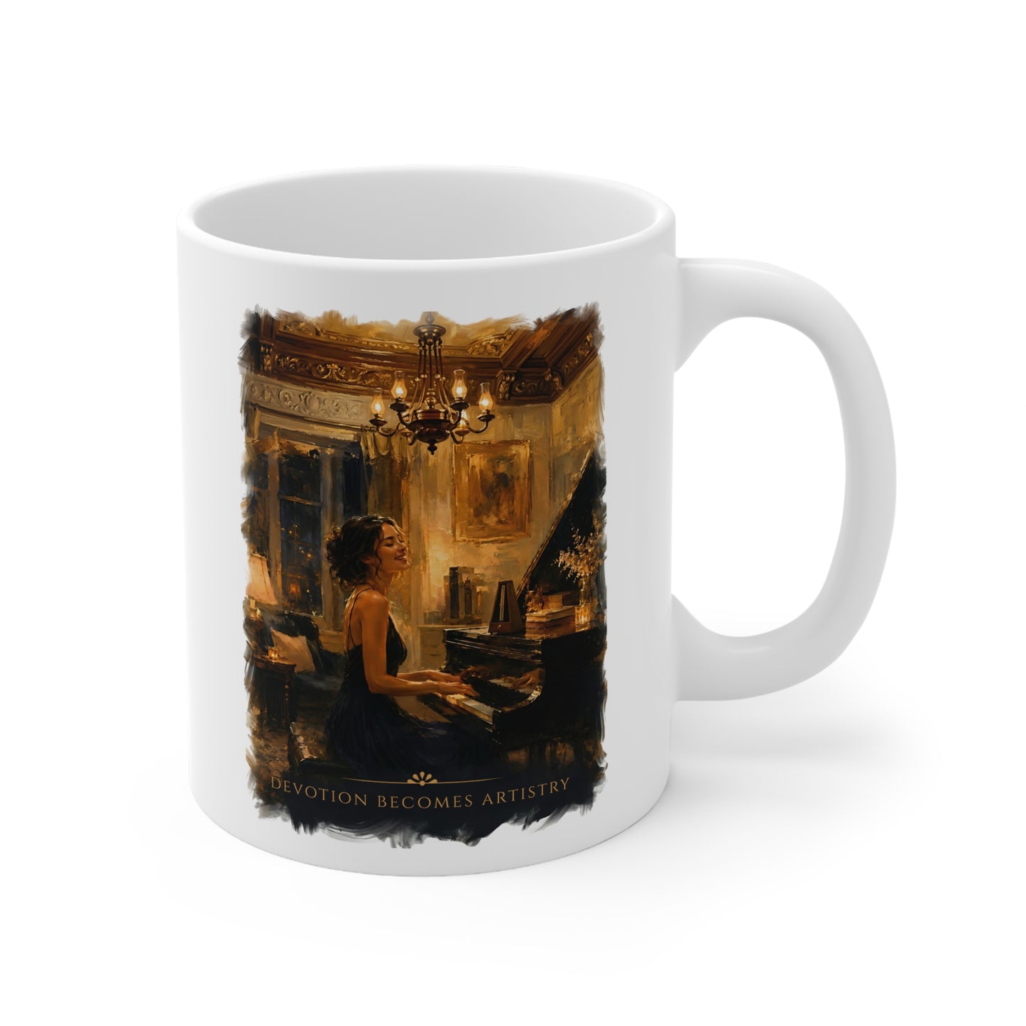 Right-side view of the Devotion Becomes Artistry white ceramic piano mug featuring elegant piano-inspired artwork.