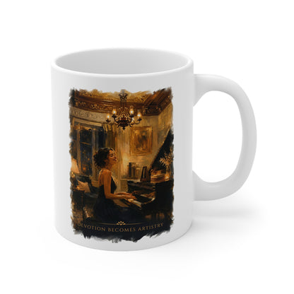 Right-side view of the Devotion Becomes Artistry white ceramic piano mug featuring elegant piano-inspired artwork.
