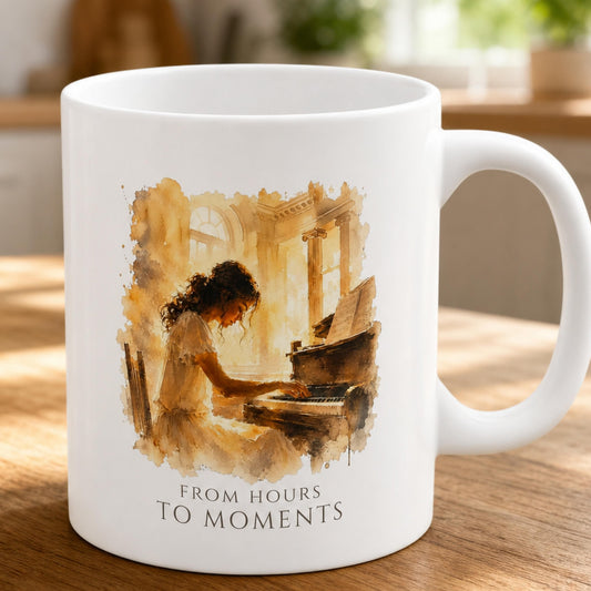 Close-up of the From Hours to Moments piano mug featuring warm painterly artwork of a pianist practising at the piano on a white ceramic mug.
