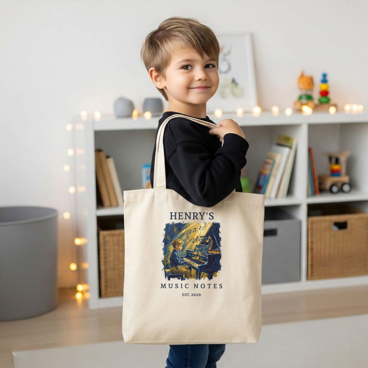 His Golden Hour — Personalised Piano Tote Bag for Boys