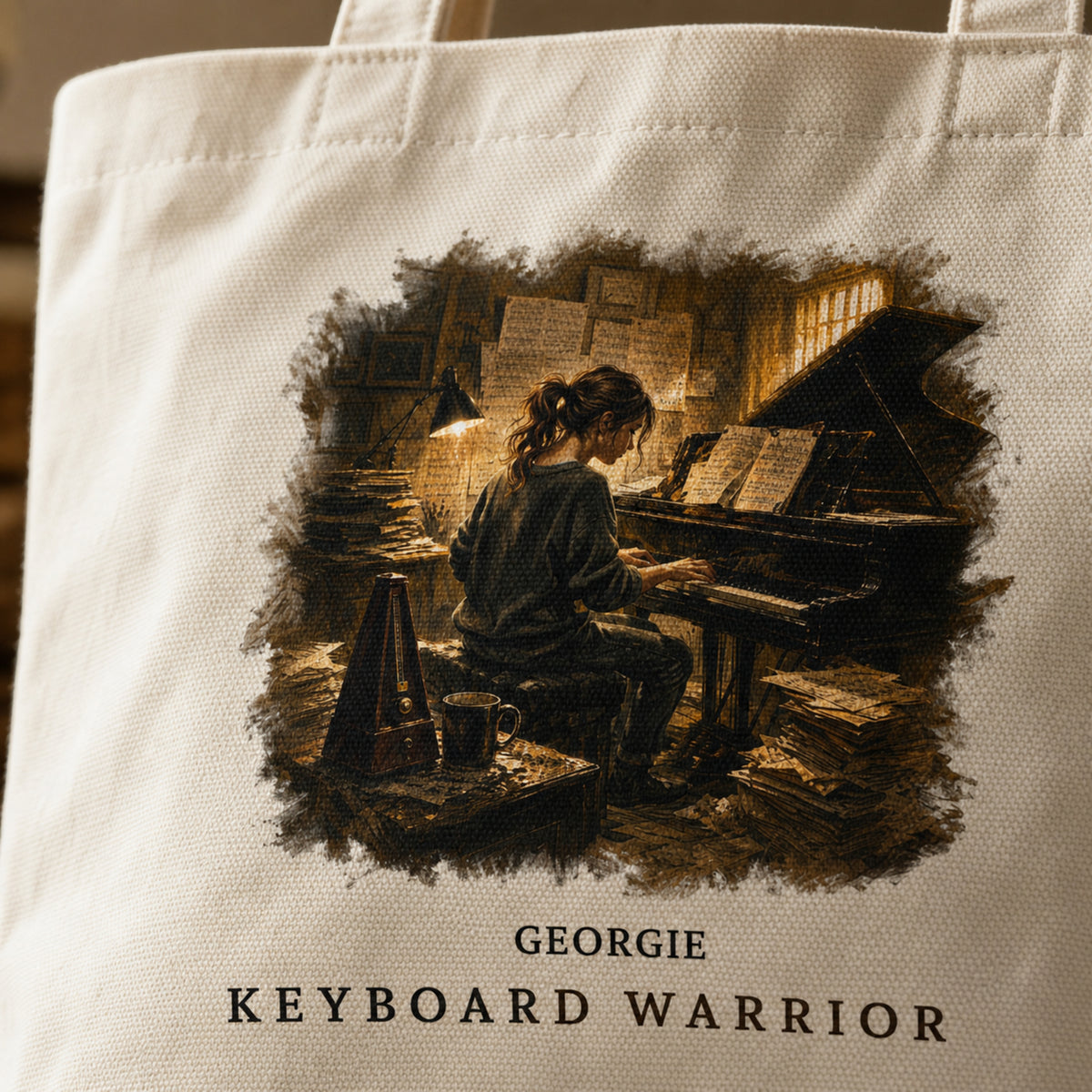 Personalised Keyboard Warrior Piano Student Tote Bag – Female Pianist