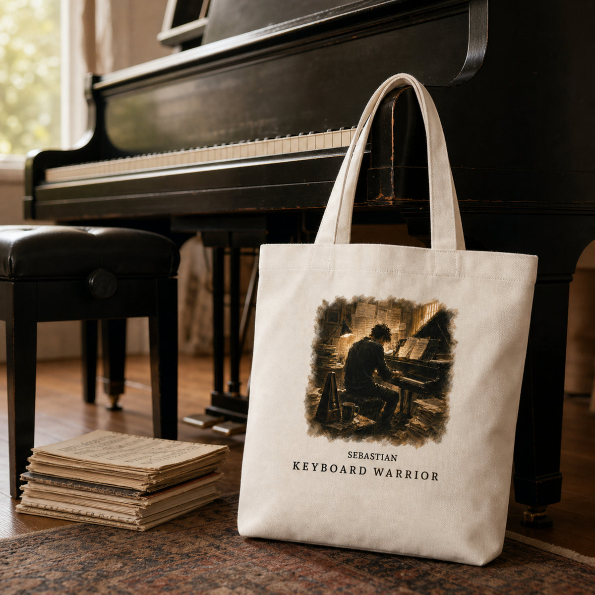 Personalised Keyboard Warrior Piano Student Tote Bag – Male Pianist