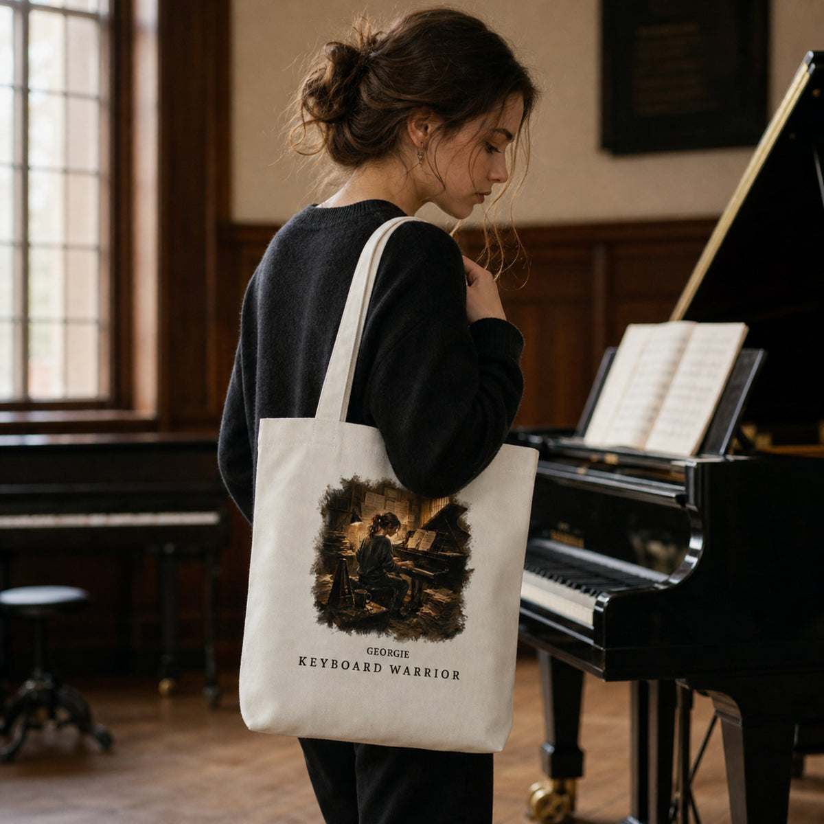 Personalised Keyboard Warrior Piano Student Tote Bag – Female Pianist