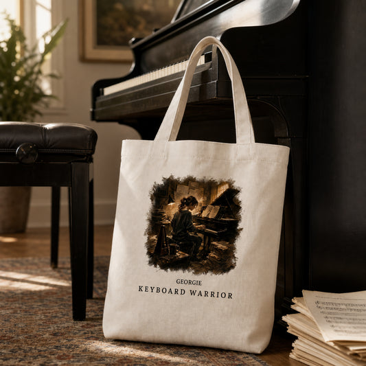 Personalised Keyboard Warrior Piano Student Tote Bag – Female Pianist
