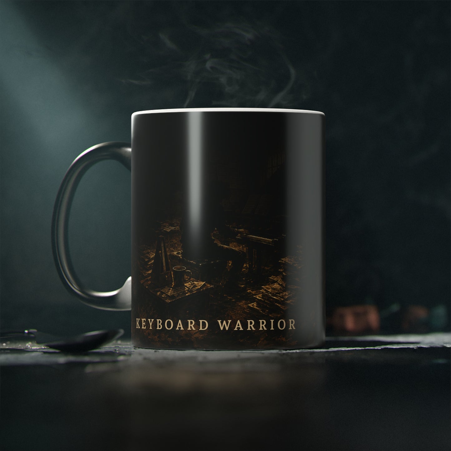 Keyboard Warrior heat-reactive piano mug shown in its black appearance before hot liquid reveals the hidden artwork.