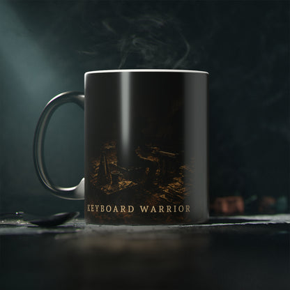 Keyboard Warrior heat-reactive piano mug shown in its black appearance before hot liquid reveals the hidden artwork.