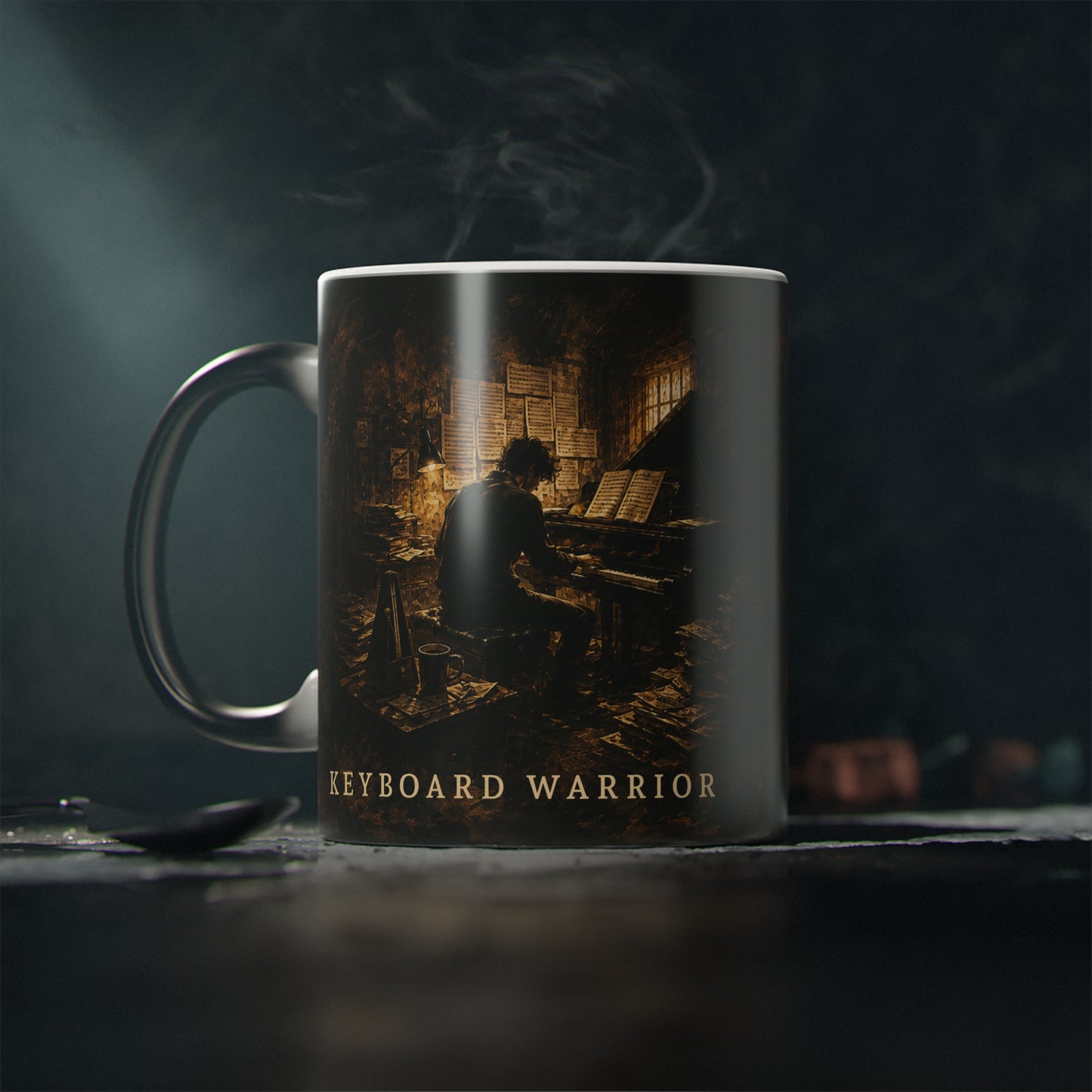 Reverse view of the Keyboard Warrior heat-reactive piano mug in its black appearance before the artwork is revealed.