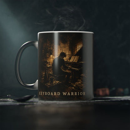 Reverse view of the Keyboard Warrior heat-reactive piano mug in its black appearance before the artwork is revealed.
