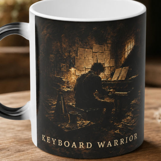 Close-up of the Keyboard Warrior heat-reactive piano mug featuring painterly artwork of a pianist at a grand piano