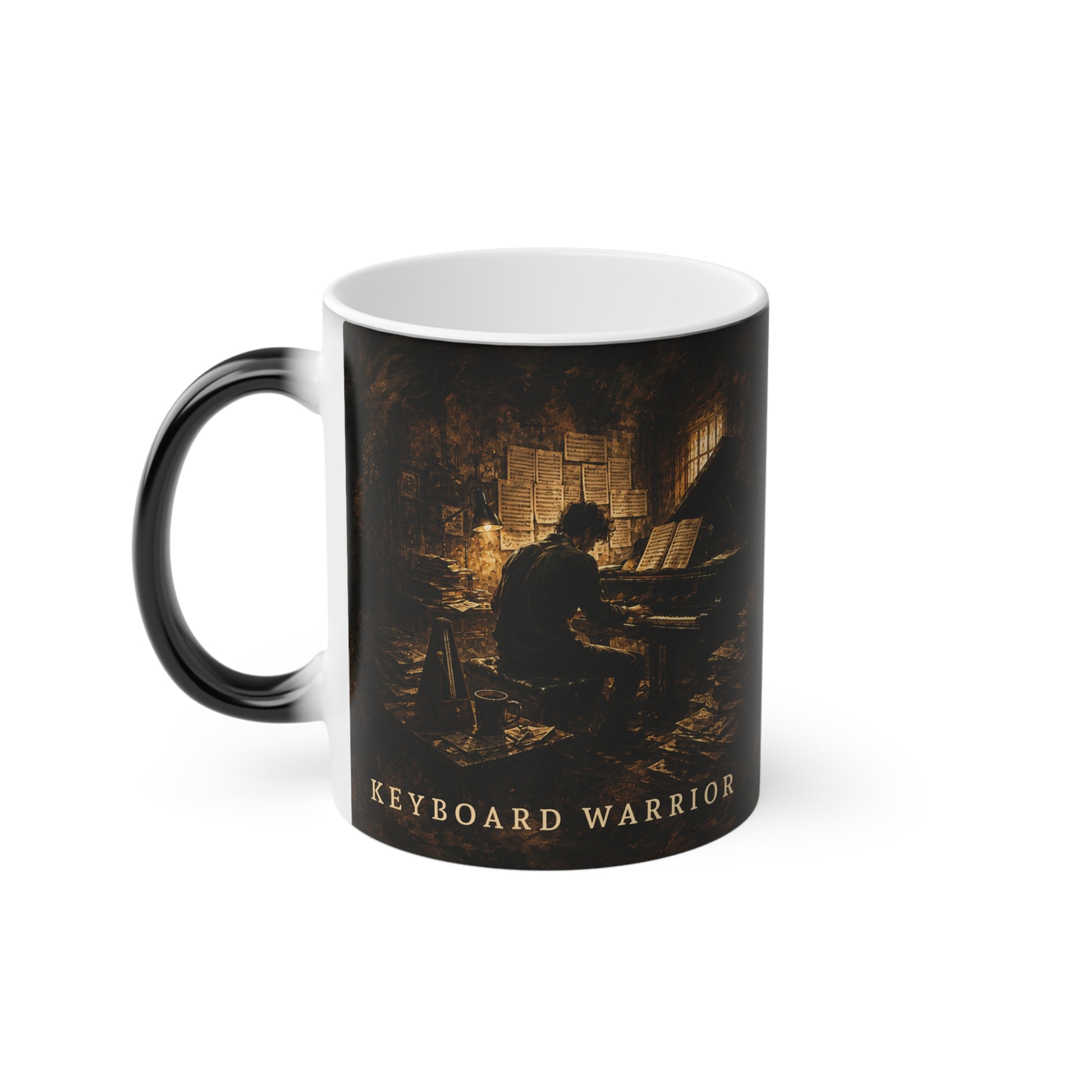 Left-side view of the Keyboard Warrior heat-reactive piano mug with original pianist artwork.