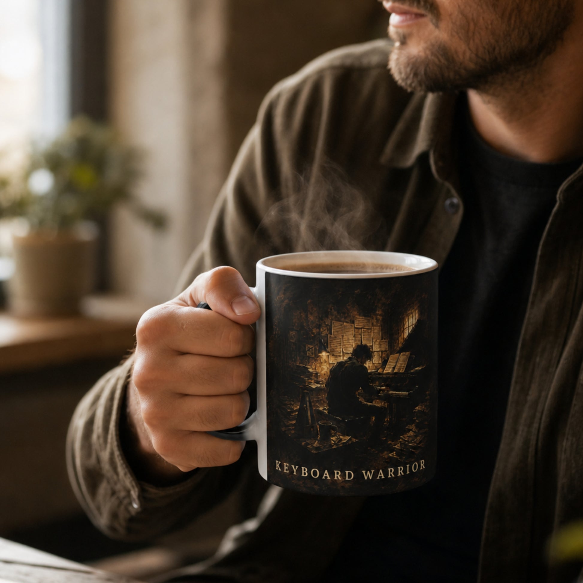 Man holding the Keyboard Warrior heat-reactive piano mug while enjoying a hot drink in a cosy indoor setting.