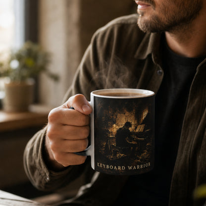 Man holding the Keyboard Warrior heat-reactive piano mug while enjoying a hot drink in a cosy indoor setting.