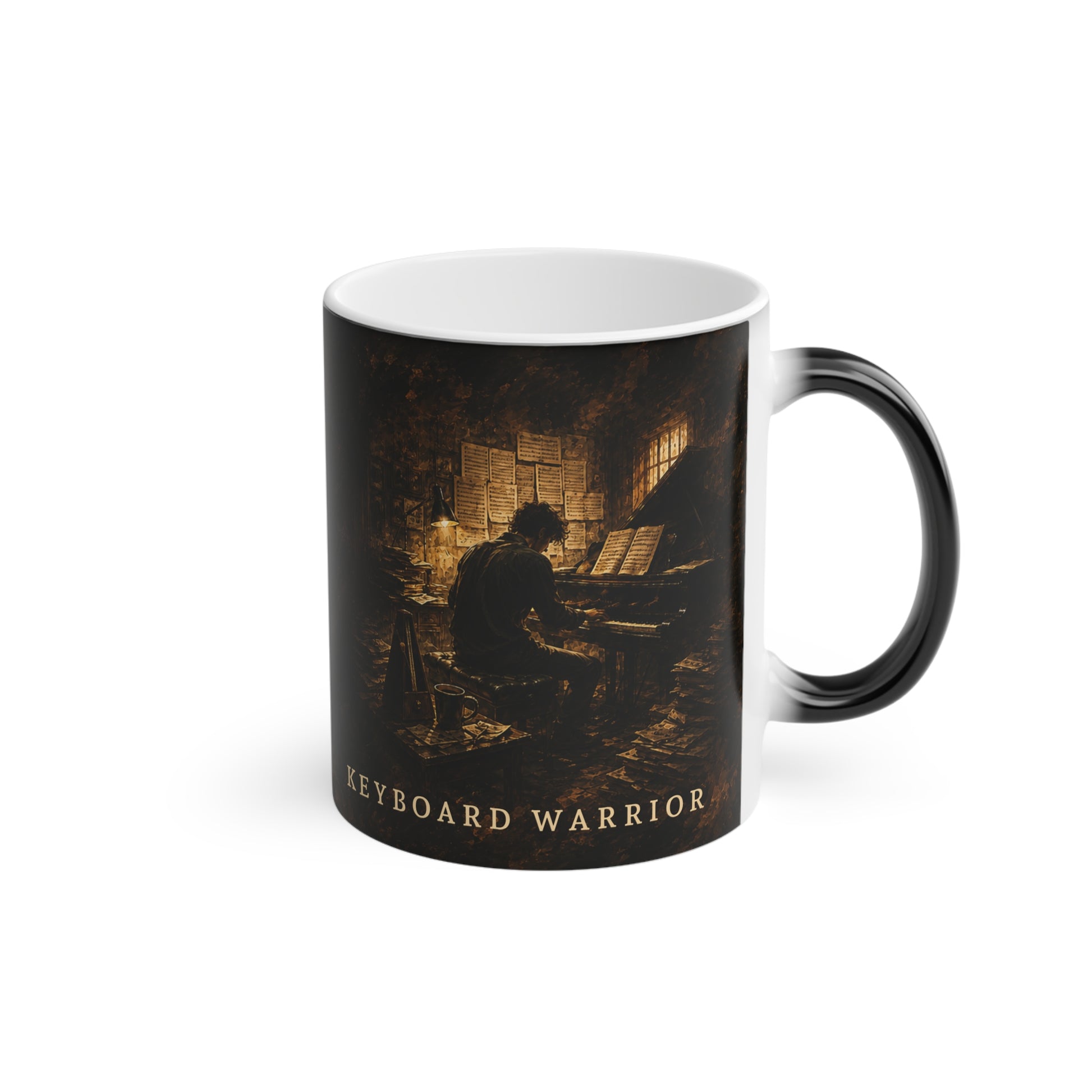 Right-side view of the Keyboard Warrior heat-reactive piano mug featuring painterly piano artwork.