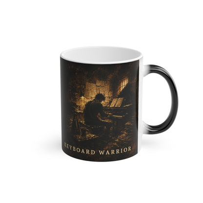 Right-side view of the Keyboard Warrior heat-reactive piano mug featuring painterly piano artwork.