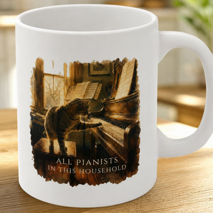 Close-up of the Resident Pianist piano cat mug featuring vintage-style artwork of a cat standing on piano keys on a white ceramic mug.