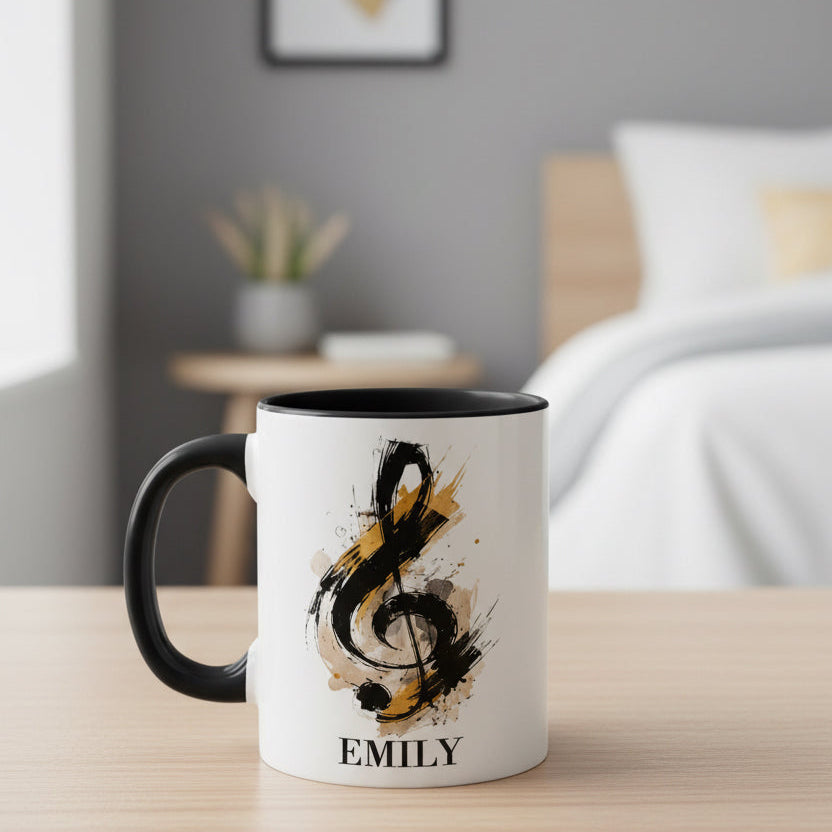Personalised Signature Style piano mug with black handle displayed on a bedside table in a modern bedroom