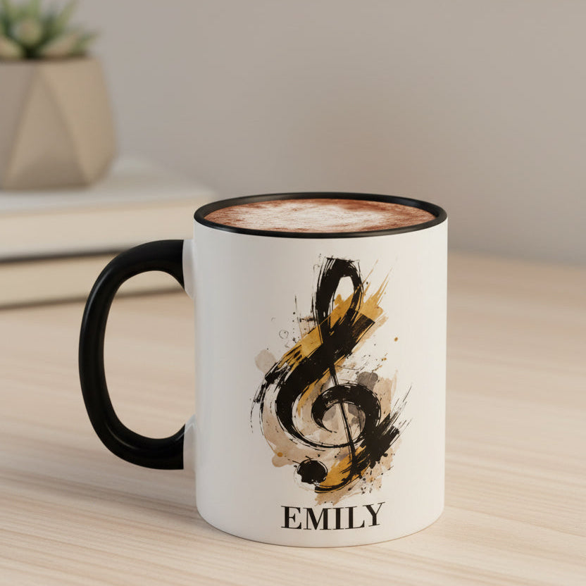 Personalised Signature Style piano mug with black handle filled with coffee on a light wooden table