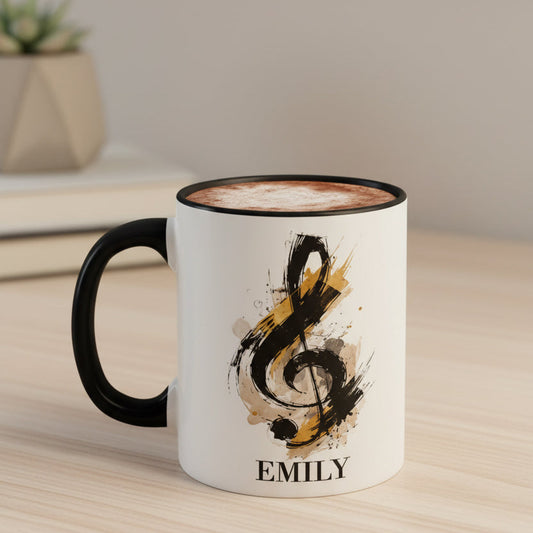 Personalised Signature Style piano mug with black handle filled with coffee on a light wooden table