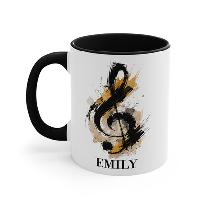 Left side view of the personalised Signature Style piano mug with black handle featuring a painterly treble clef and custom name
