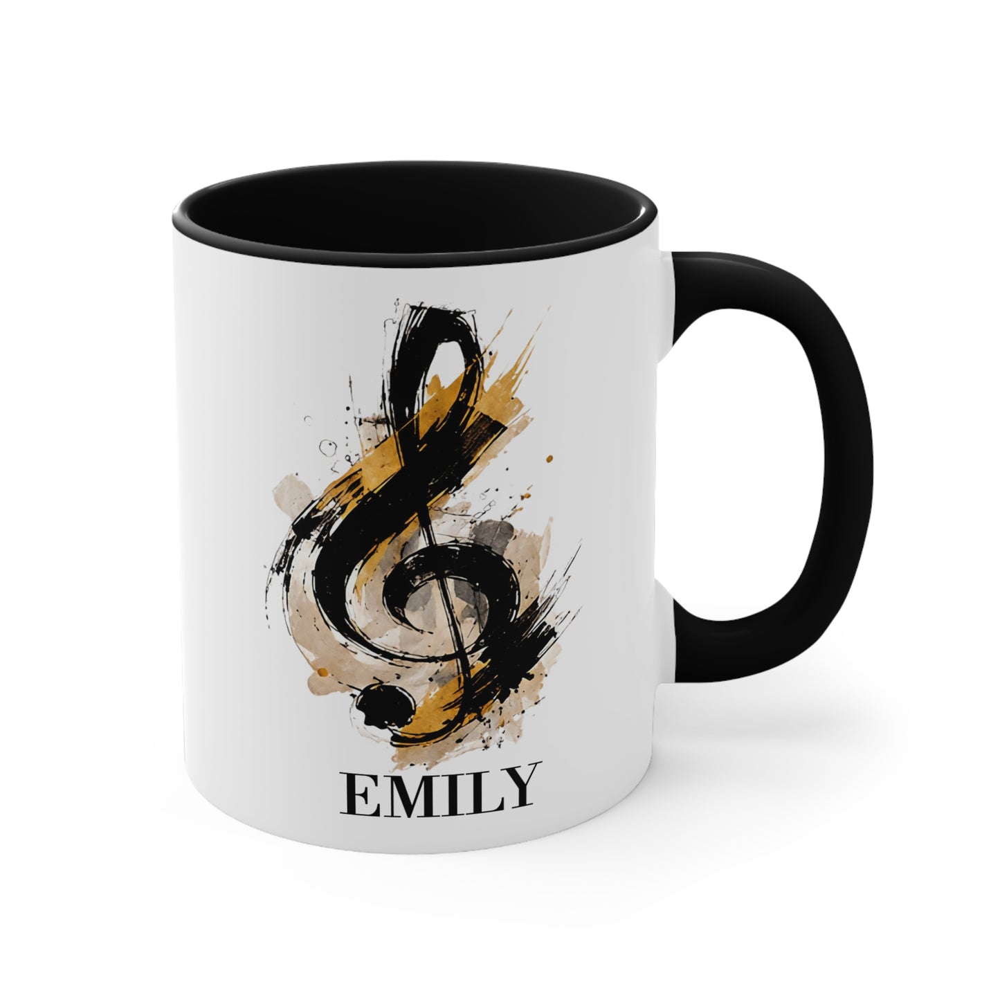 Right side view of the personalised Signature Style piano mug with black handle featuring a painterly treble clef and custom name