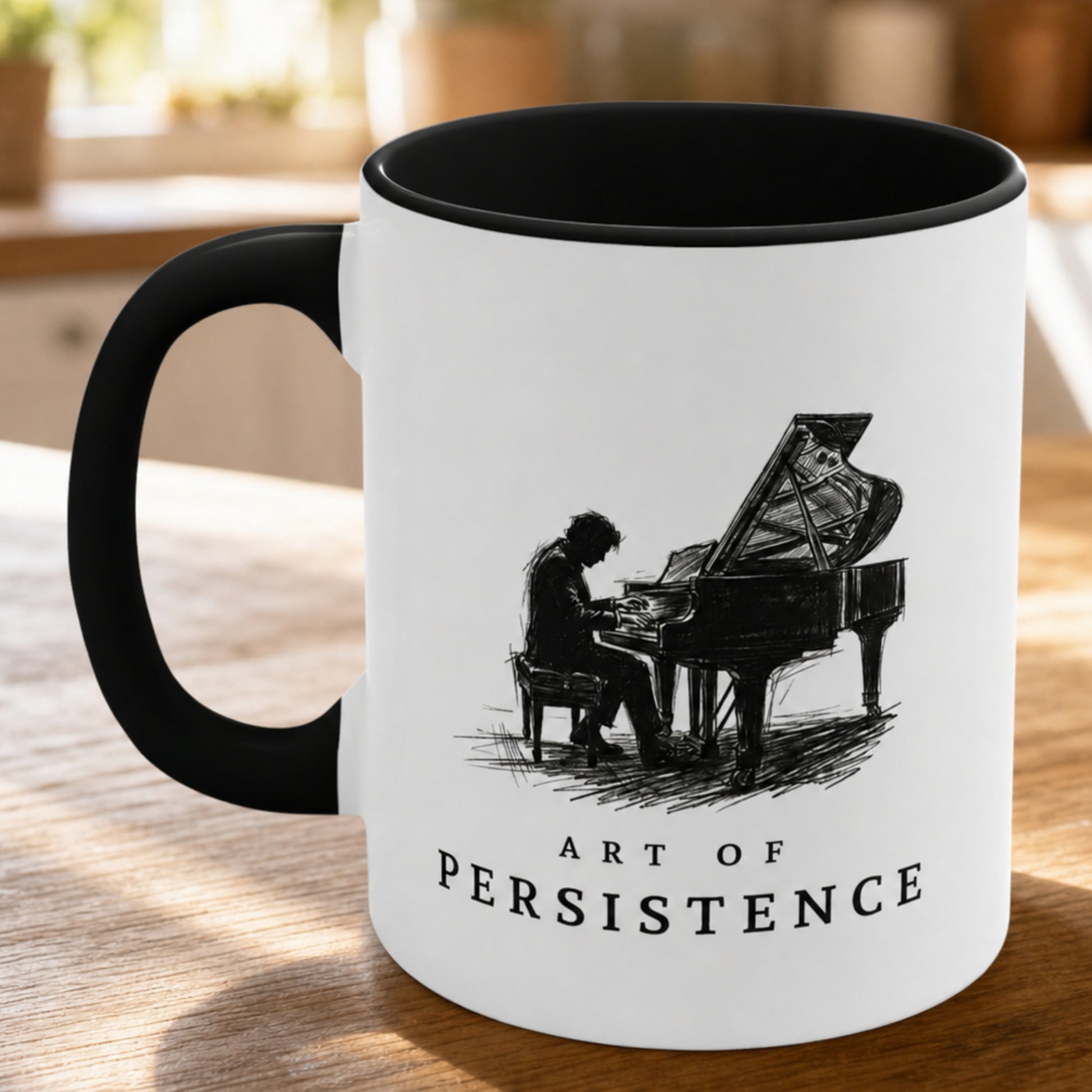 Close-up of The Aspiring Pianist piano mug featuring elegant monochrome sketch-style artwork of a pianist performing at a grand piano with a black handle and interior.