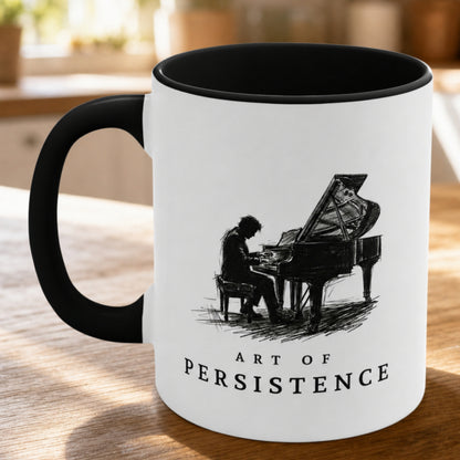 Close-up of The Aspiring Pianist piano mug featuring elegant monochrome sketch-style artwork of a pianist performing at a grand piano with a black handle and interior.